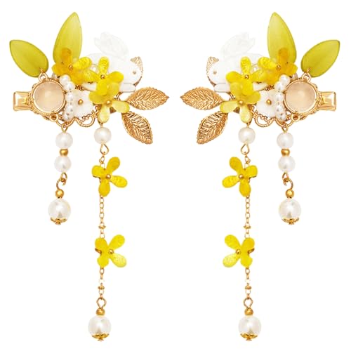 A Pair Wedding Hair Clips, Handmade Floral Design Crystal Hair Clips Pearl Barrettes, Rhinestones Flower Clips Pearl Headpieces Hair Pins Hair Accessories for Women Girls (Yellow) - color: Yellow