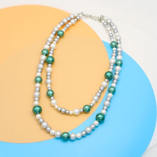 AAA+ Simulated Pearl Strand Necklace Colorful 10mm Pearls Choker Necklaces for Women 1920s Long Costume Jewelry Gift - color: emerald 2 layers