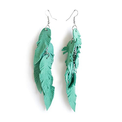 Leather Feather Earrings, Suede layered earrings, boho wedding jewelry, summer earrings, gift for her, dangle earrings - color: Light green