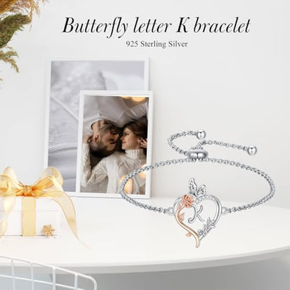 TOUPOP Gifts for Women Rose Heart Initial Bracelet 925 Sterling Silver Butterfly Letter Link Bracelet Love Jewelry Anniversary Birthday Gifts for Wife Girlfriend Mom Her - style: Initial K