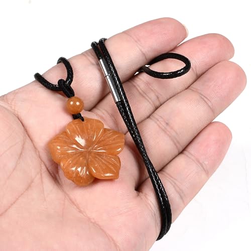 Justinstones Hand Carved Healing Crystals Gemstone Hawaii Flower Pendant Hand Weaving Wax Rope Necklace 22 inch - color: Orange Aventurine