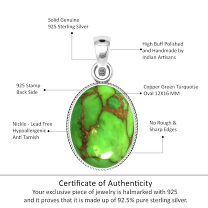 Chunky Natural Gemstone Pendant Necklace For Women Onyx, Turquoise, Amber, Garnet Oval Boho Genuine 925 Sterling Silver Handmade Jewelry - color: Copper Green Turquoise