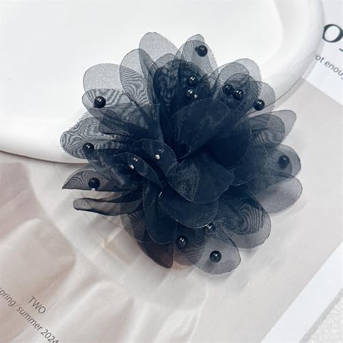 13cm/5in Beaded Mesh Flower Brooch Pin for Women Girls Dainty Round Shell Pearl Ball Beads Camellia Peony Flowers Brooches Lapel Hair Pins Elegant Wedding Anniversary Accessories Jewelry - color: Black