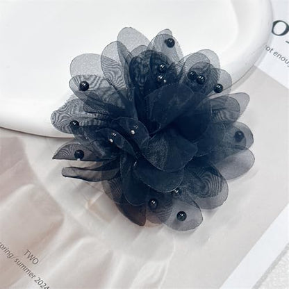 13cm/5in Beaded Mesh Flower Brooch Pin for Women Girls Dainty Round Shell Pearl Ball Beads Camellia Peony Flowers Brooches Lapel Hair Pins Elegant Wedding Anniversary Accessories Jewelry - color: Black