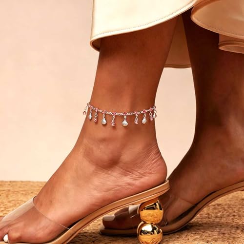 Yalice 925 Silver Plated Charm Chain Ankle Bracelets for Women Dainty Fringe Waterproof Anklets Boho Beach Wedding Foot Jewelry - color: Pink