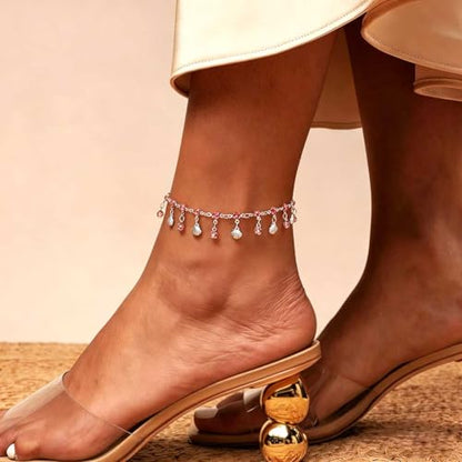 Yalice 925 Silver Plated Charm Chain Ankle Bracelets for Women Dainty Fringe Waterproof Anklets Boho Beach Wedding Foot Jewelry - color: Pink