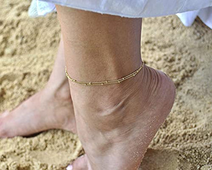 Pencros Dainty Layered Anklet,14K Gold Filled Cute Beads Satellite Chain Heart Boho Adjustable Anklets for Women - color: Layer Beads Gold