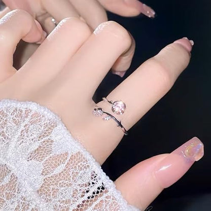 Adjustable Leaf Stackable Rings for Women Cubic Zirconia Stones Blue Leaves Purple Flower Open Band Stacking Finger Sliver Rings Fashion Plant Floral Aesthetic CZ Jewelry - color: rose flower