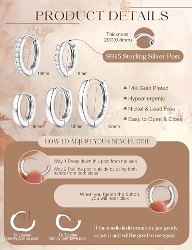 Jstyle Small Gold Hoop Earrings for Women, CZ/Plain Hoops Earring Stacks | Hypoallergenic Earing Hoops for Sensitive Ears, Secure Clasps, Huggie Earrings Stack Set for Cartilage, 14K Gold/Silver/Black - color: Silver Tone - with Sterling Silver Post