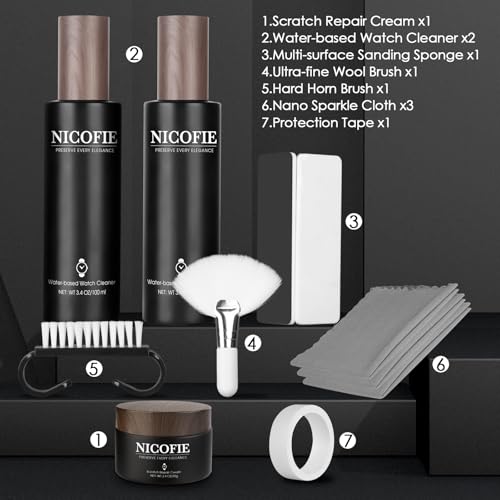 Gold & Silver Steel Bracelet Watch Polishing Kit, Watch Cleaning Kit, Jewelry Cleaner for Metals, Crystals and Rubber - 1 x1.1oz Scratch Repair Cream, 2 x 3.4oz Cleaner, 3 x Microfiber Cloth, 2 x Wool and Hard Horn Brush, 1 x Sponge, 1 x Protection Tape (