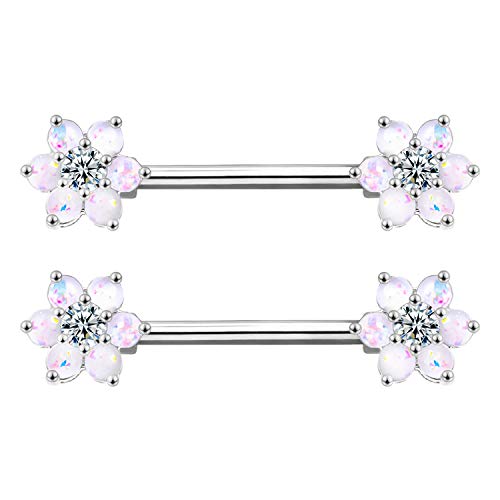 14G Opal Flower CZ Nipple Barbell Nipple Ring Piercing Jewelry for Women - color: silver