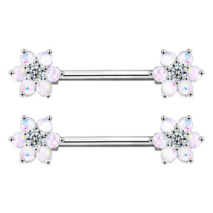 14G Opal Flower CZ Nipple Barbell Nipple Ring Piercing Jewelry for Women - color: silver