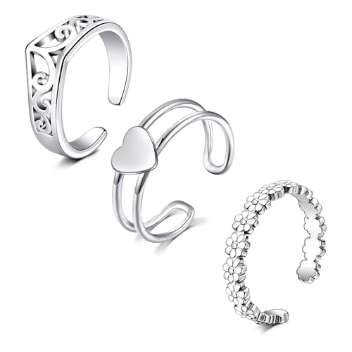 JFORYOU Toe Rings for Women Adjustable Open Toe Rings with Anklet Set CZ Flower Toes Ring for Summer Beach Foot Jewelry - color: 3pcs-silver toe rings Style A