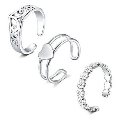 JFORYOU Toe Rings for Women Adjustable Open Toe Rings with Anklet Set CZ Flower Toes Ring for Summer Beach Foot Jewelry - color: 3pcs-silver toe rings Style A