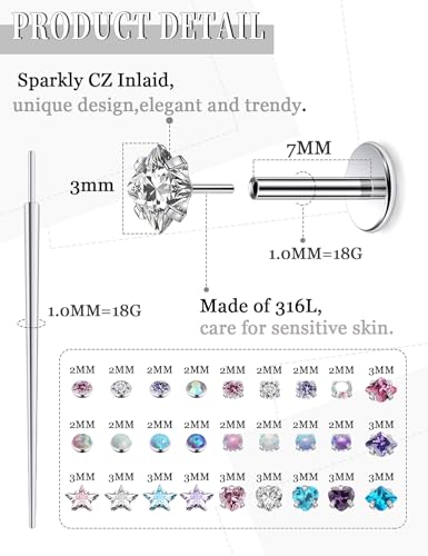 20G 18G 16G Threadless Nose Rings Studs Flat Back Earrings Surgical Stainless Steel Opal Nose Rings Stud Tragus Helix Conch Cartilage Earrings Piercing Jewelry For Women Men Hypoallergenic - style: 18G-7MM Bar