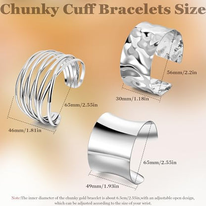 3Pcs Chunky Gold Cuff Bracelets Open Wide Bangle Bracelets Set for Women Minimalist Irregular Bracelet Statement Wrist Cuff Wrap Bracelet Jewelry - style: styleA silver