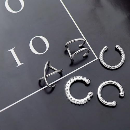 5 Pcs Thin Chunky Ear Cuff Earrings for Women 14K Gold Plated Brass Ear Cuffs Non Piercing Trendy Clip on Cartilage Earrings Cubic Zirconia Fake Piercings Earrings Jewelry - color: Style A,Thin Silver
