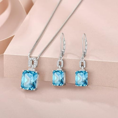 Emerald Cut Birthstone Necklace for Women 925 Sterling Silver | Baguette Birthstone Pendant Necklace, Jewelry for Mom Wife - color: Sea Blue