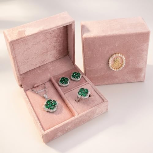 Green/Blue Zircon 4-Leaf Clover Jewelry Set – Necklace, Ring, Earrings – Women's Wedding & Evening Gift for Wife, Girlfriend, Mother – Comes with Gift Box - color: Green 3-Piece Set