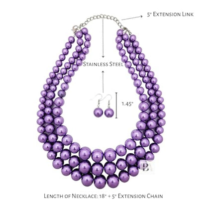 Simulated Pearl Necklace & Earring Set, Multi Strand - color: Lavender
