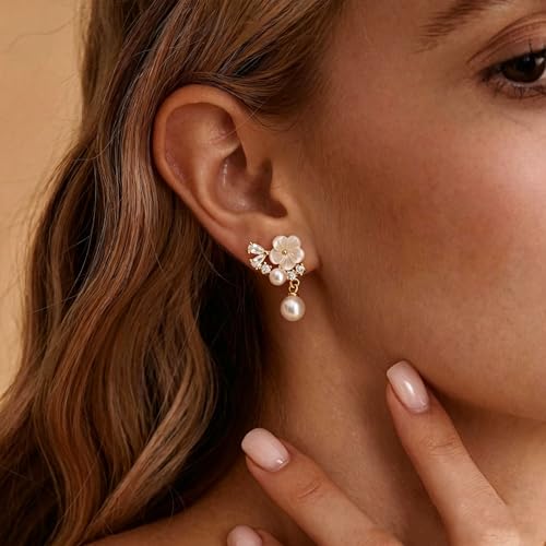 Pearl Earrings for Women Trendy, 14k Gold Plated Freshwater CZ Leaf Pearl Dangle Drop Gold Earrings Lightweight Hypoallergenic Stud Earring Bridesmaid Wedding Gold Jewelry for Women Gifts - style: small flower pearl earrings