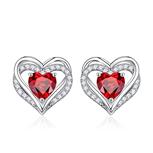 Iefil Birthstone Earrings for Women - 925 Sterling Silver Heart Stud Earrings Birthday Gifts for Women - color: 01-Jan-Created Garnet