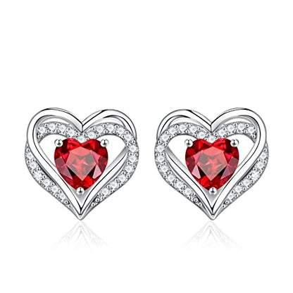 Iefil Birthstone Earrings for Women - 925 Sterling Silver Heart Stud Earrings Birthday Gifts for Women - color: 01-Jan-Created Garnet