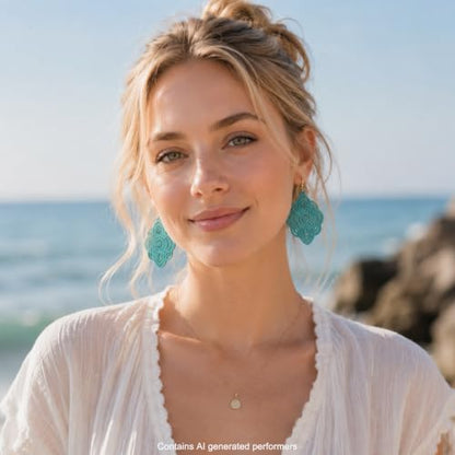 Boho Black Filigree Dangle Earrings for Women, Lightweight Hollow Lace Drop, Wood, 3.34" x 1.69", Bohemian Jewelry - color: Sky Blue