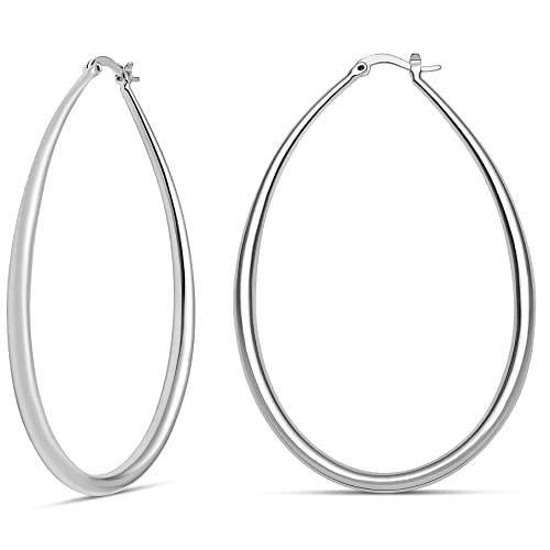 Milla Oval Hoop Earrings for Women | Elegant Polished 14K Gold, Rose Gold or Silver Plated Hoops with Secure Latch Closure, Hypoallergenic & Lightweight - color: Sterling Silver Plated / 2.6 in - LARGE