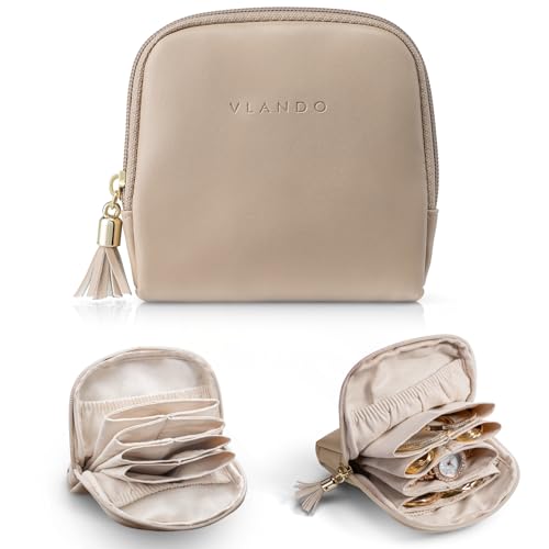 VLANDO Small Travel Jewelry Case,Velvet Pouch Bags with Zipper,Toffee | Travel Essentials,PU Leather Organizer with 5 Divided Sections,Carry-On Totes,Gift for Birthday,Bride,Bridesmaid,Women,Girls - color: A.Toffee