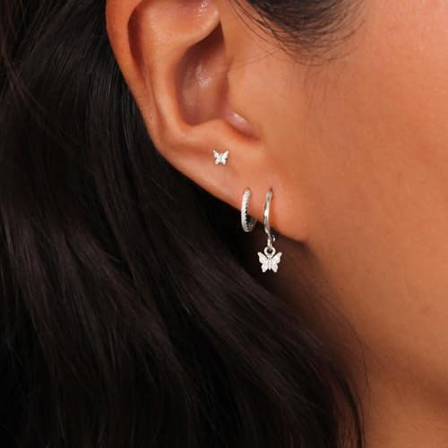 3 Pairs Earring Stacks, Gold Earring Set Jewelry Gift for Women | Small, 14K Gold/White Gold/Black/Rose Gold Plated, Hypoallergenic, Her, Everday, Stackable, Simple, 3 Holes - color: Silver-Butterfly