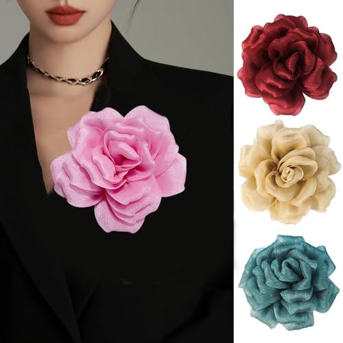 Flash Camellia Flower Brooch Pin for Women Men Elegant Texture Fabric Dahlia Rose Floral Brooches Lapel Pins Dainty Wedding Holiday Party Costume Dress Accessories Jewelry - color: Pink
