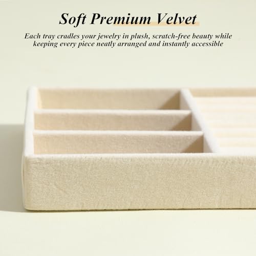 8 Pack Velvet Jewelry Trays Stackable Jewelry Organizer Tray Inserts for Drawer Beige Jewelrys Storage and Display Case for Necklaces Rings Earrings Bracelets
