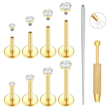 Xpircn Flat Back Stud Earrings 14K Gold Plated Internally Threaded CZ Stud Piercing Jewelry for Tragus Helix Cartilage Conch Nose Hypoallergenic Lip Labret Medusa Piercing 16G 18G - color: 18 Gauge, Gold, size: Mixed (6/8/10/12mm) Bar
