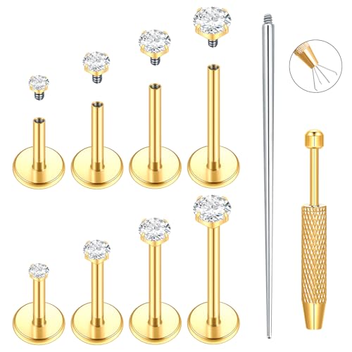 Xpircn Flat Back Stud Earrings 14K Gold Plated Internally Threaded CZ Stud Piercing Jewelry for Tragus Helix Cartilage Conch Nose Hypoallergenic Lip Labret Medusa Piercing 16G 18G - color: 18 Gauge, Gold, size: Mixed (6/8/10/12mm) Bar