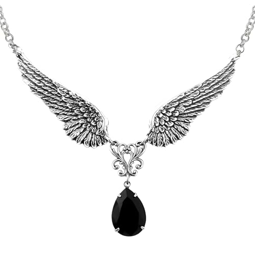 coadipress Vintage Gothic Angel Wing Necklace for Women Antique Silver Teardrop Crystal Pendant Necklace Retro Punk Statement Necklace Halloween Jewelry Gift - color: Silver Red Waterdrop