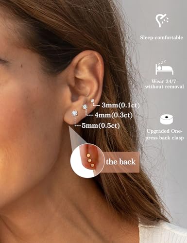 3 Pairs Moissanite Flatback Stud Earrings for Women, 925 Sterling Silver Hypoallergenic Flat Back Cartilage Earrings Set, 18K White Gold Plated - color: 14K Gold, size: 3,4,5mm