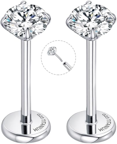 Threadless Flat Back Earrings for Tragus, Helix, Conch, Daith, Cartilage Piercings - G23 Titanium Flatback Stud Earrings with Grade AAAAA Cubic Zirconia - Threadless Flat Back Nose Stud Push Pin Ring Earring Studs (18g, 16g, 20g - 6mm, 8mm) - color: Silve
