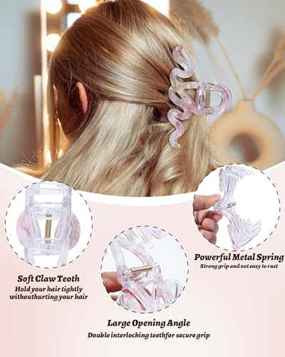 4PCS Large Claw Clips for Thick Hair, Large Acrylic Hair Clips | Modern Marble Geometric Design, Non-Slip Secure Hold for Long Hair, Buns, Updos and Everyday Styling - color: Wave-Silver + Rose Pink + Purple + Blue