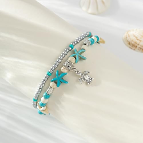 Starain Blue Turtle Anklets for Women Multilayer Beads Handmade Beach Ankle Bracelet Set Boho Foot Jewelry - color: Turtle Beaded Anklet