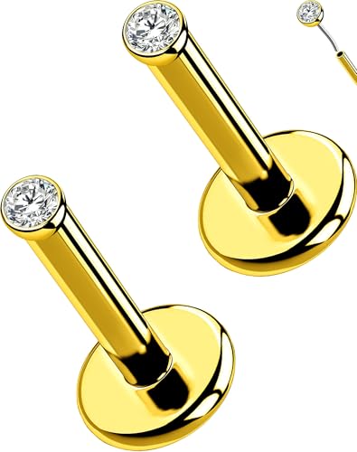 OUFER 2Pcs 20G/18G/16G G23 Titanium Threadless Nose Stud Earrings Flat Back Tiny CZ Small Nose Helix Cartilage Tragus Conch Labret Medusa Monroe Piercing Jewelry for Women Men - color: Gold, size: 2pcs, 16g 5mm, 1.5mm cz