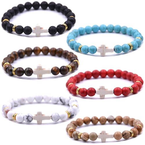 Beaded Bracelets Cross Bracelet for Women Men Lava Rock Turquoise Tiger Eye Natural Bracelet Anxiety Healing - color: 6 Pcs- white cross 1