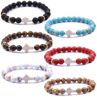 Beaded Bracelets Cross Bracelet for Women Men Lava Rock Turquoise Tiger Eye Natural Bracelet Anxiety Healing - color: 6 Pcs- white cross 1