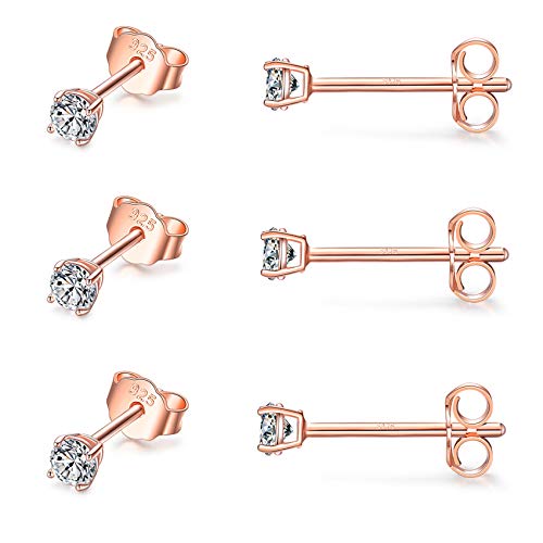EPIRORA Sterling Silver Stud Earrings for Women Men- 3 Pairs 3mm Tiny Ball Stud Earrings Round CZ Earrings Pearl Earrings Set Cartilage Small Tragus Earrings - style: 3 Pairs-Cubic Zirconia Earrings(Rose Gold)