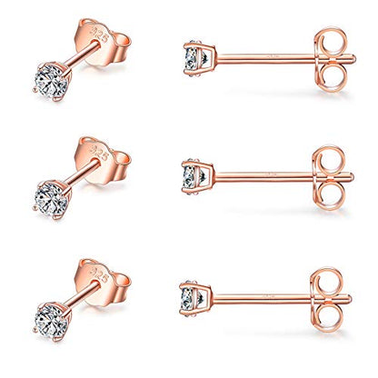 EPIRORA Sterling Silver Stud Earrings for Women Men- 3 Pairs 3mm Tiny Ball Stud Earrings Round CZ Earrings Pearl Earrings Set Cartilage Small Tragus Earrings - style: 3 Pairs-Cubic Zirconia Earrings(Rose Gold)