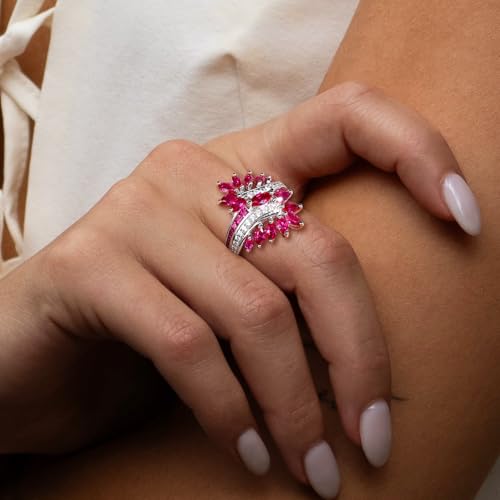 Statement Flower Ring Cocktail Leaf Ring Birthstone Anniversary Signet Ring | Hypoallergenic|14K Gold Plated|Sterling Silver Sparkling Engagement Promise Party Ring for Women, Size 6 to 10(With Box) - color: Leaf -White Gold Ruby