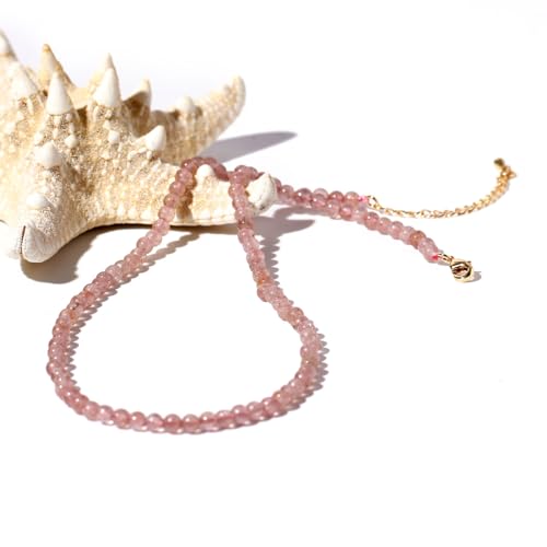 Simple 4mm Gemstones and Crystals Choker Necklace Unisex 16"-18" | Necklaces for Women Men, Adjustable, 40-45 cm Chain Length, Handmade, Spiritual Gemstones, Positive Energy, Daily Wear - style: Strawberry Quartz
