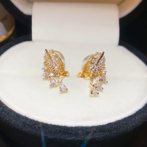 Crystal Leaf Tassel Teardrop Clip on Earrings for Women 14k Gold Plated Shiny Rhinestone Feather Shaped Dangle Drop Non-Piercing Earring Elegant Wedding Prom Anniversary Party Jewelry Gifts - color: Gold