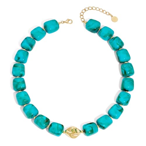 Beaded Necklaces for Women Boho Chunky Necklace Statement Big Resin Bead Choker Fashion Summer Beach Jewelry - color: Turquoise