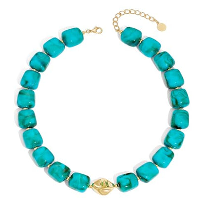 Beaded Necklaces for Women Boho Chunky Necklace Statement Big Resin Bead Choker Fashion Summer Beach Jewelry - color: Turquoise